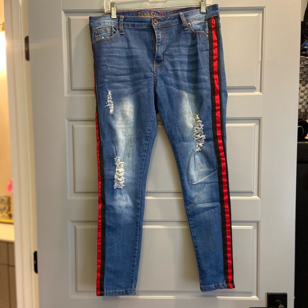 Roma Studio distressed jeans with black/red stripe down the side